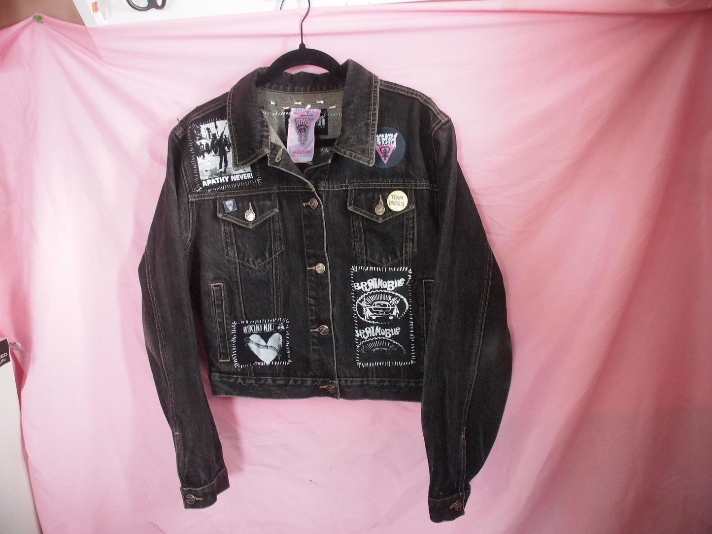 Riot Grrrl Black Patched Studded Denim Jacket Sz M, Lambrini Girls / Destroy Boys, Bikini Kill, Bratmobile