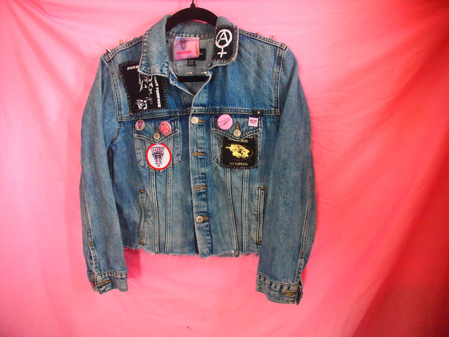 POSSUM PUNX Studded & Patched Punk Denim Jacket Sz M Lucky Brand Custom
