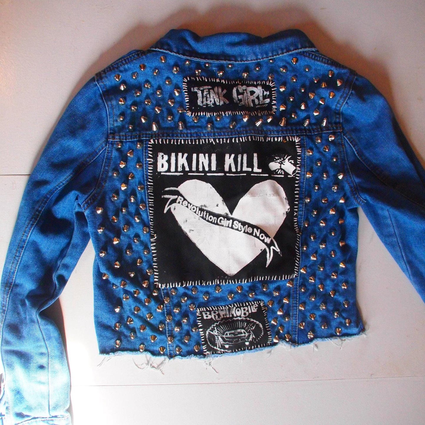 Riot Grrrl Studded Patched Custom Denim Jacket Sz M - Bikini Kill Bratmobile Tank Girl