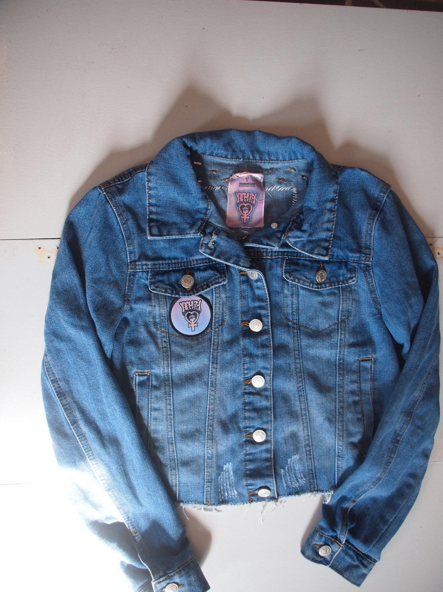 Riot Grrrl Studded Patched Custom Denim Jacket Sz M - Bikini Kill Bratmobile Tank Girl