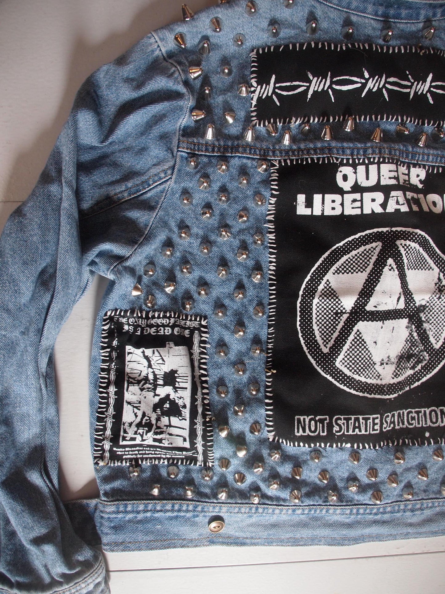 Queer Liberation Studded & Patched Custom Punk Denim Jacket Sz M
