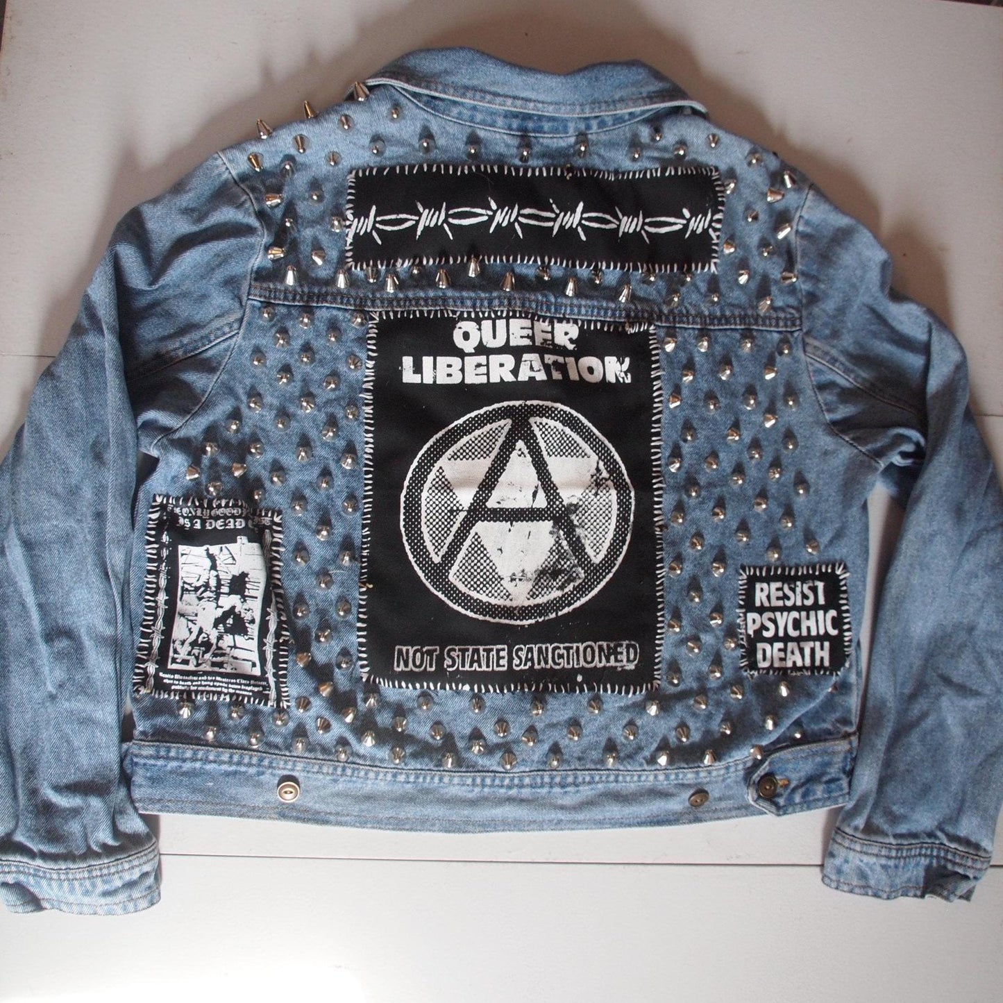 Queer Liberation Studded & Patched Custom Punk Denim Jacket Sz M