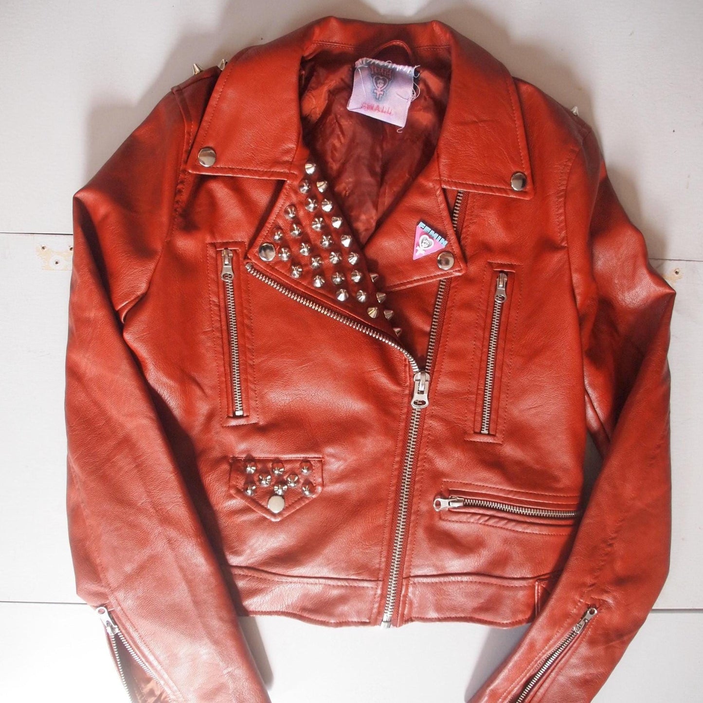 Orange Rust Studded Faux Leather Motorcycle Jacket Sz S Brown Spiked