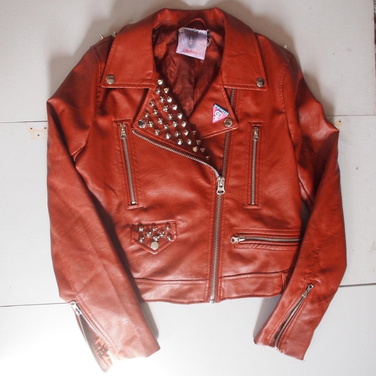 Orange Rust Studded Faux Leather Motorcycle Jacket Sz S Brown Spiked