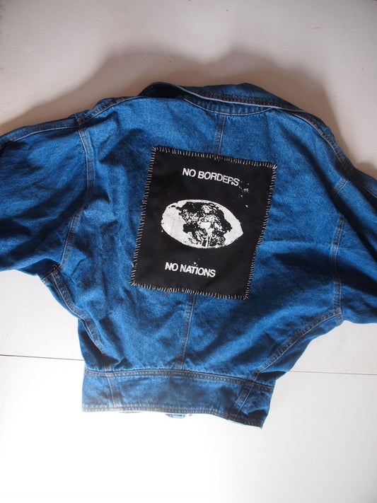 NO BORDERS No NATIONS Pangea Custom Patched Studded Denim Moto Jacket Sz Xs