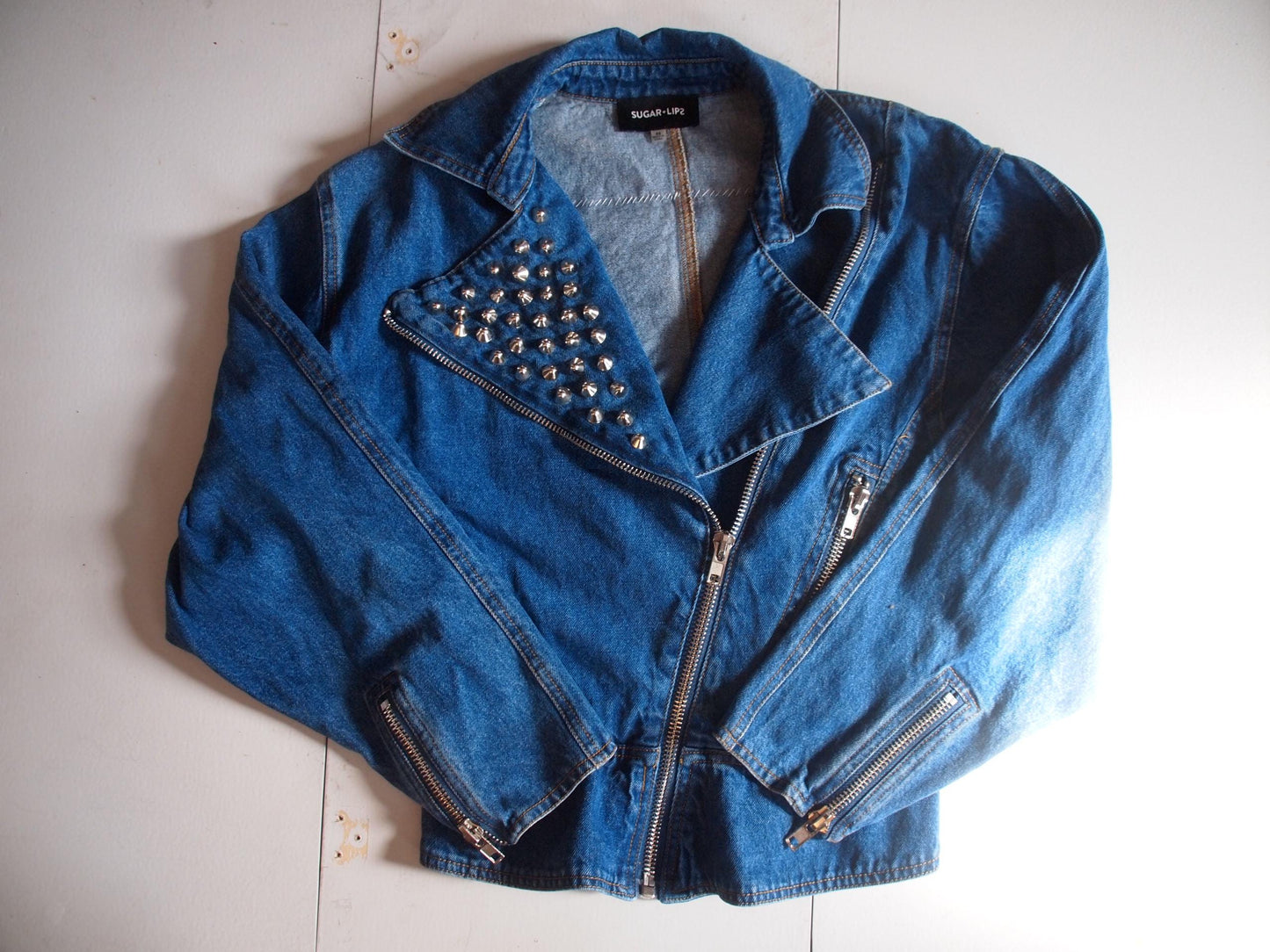 NO BORDERS No NATIONS Pangea Custom Patched Studded Denim Moto Jacket Sz Xs