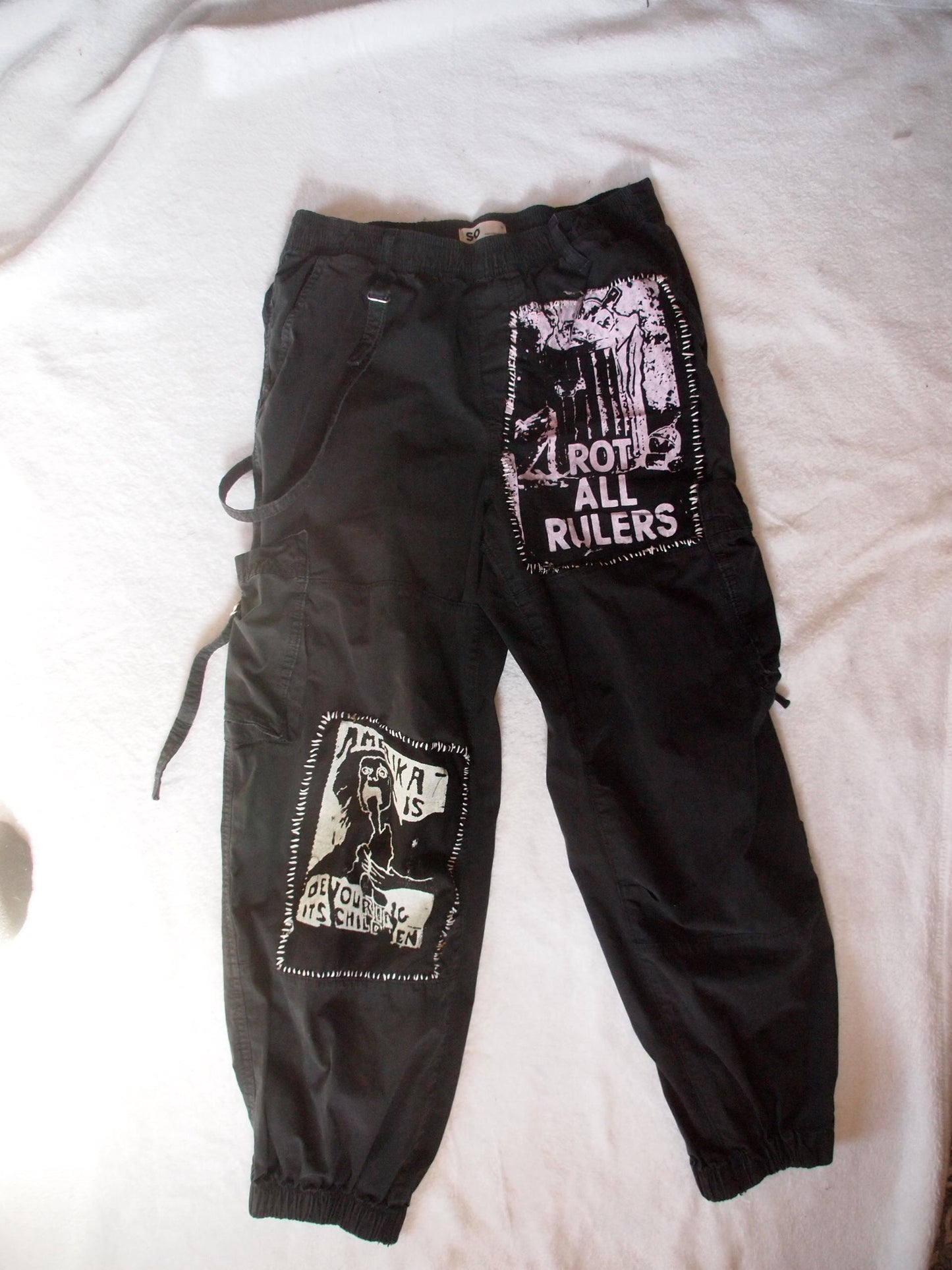 Patched Black Cargo Crust Punk Pants Sz M Bondage Straps - “Rot All Rulers”, “Amerika is Devouring its Children”