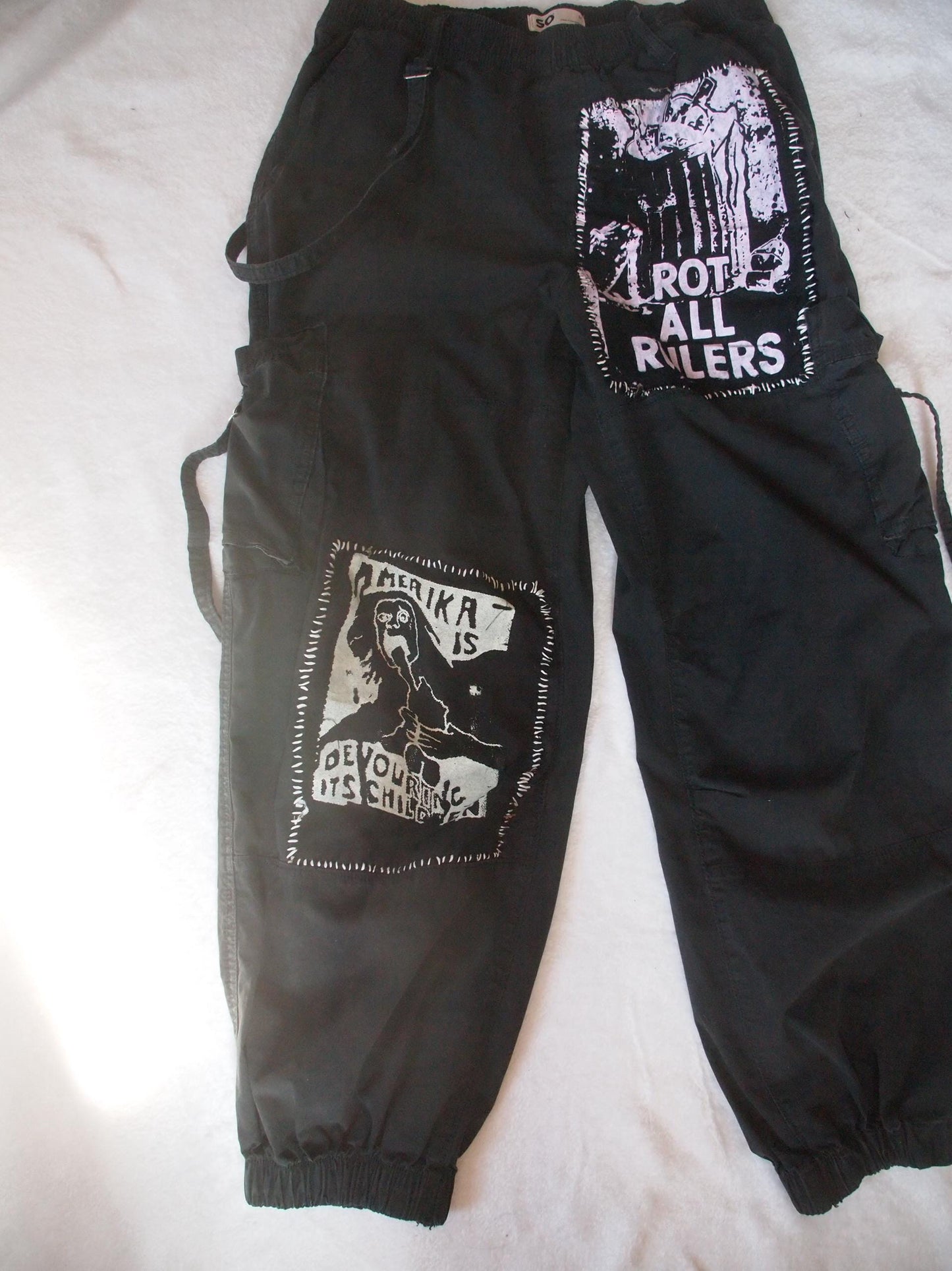 Patched Black Cargo Crust Punk Pants Sz M Bondage Straps - “Rot All Rulers”, “Amerika is Devouring its Children”