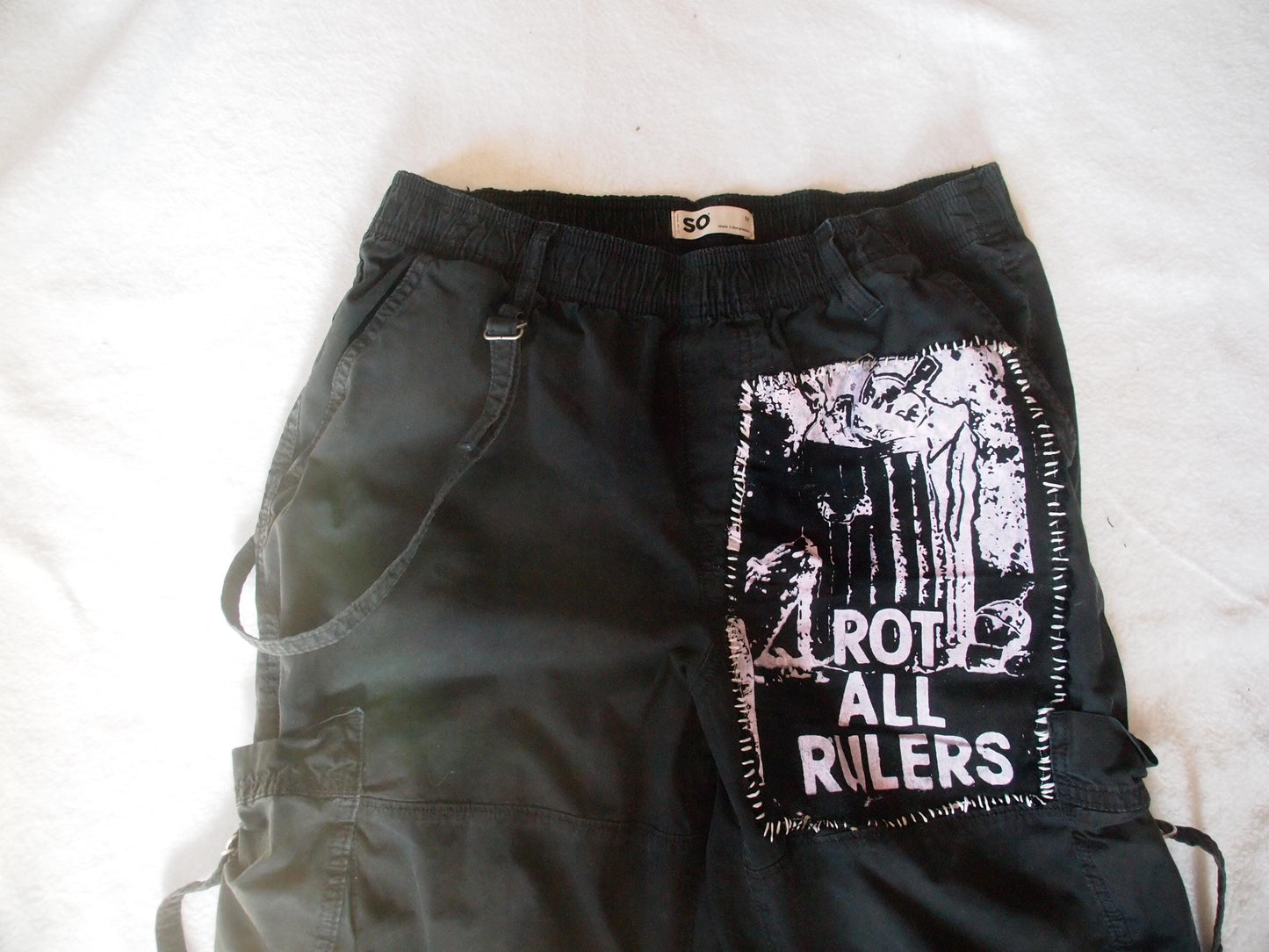 Patched Black Cargo Crust Punk Pants Sz M Bondage Straps - “Rot All Rulers”, “Amerika is Devouring its Children”