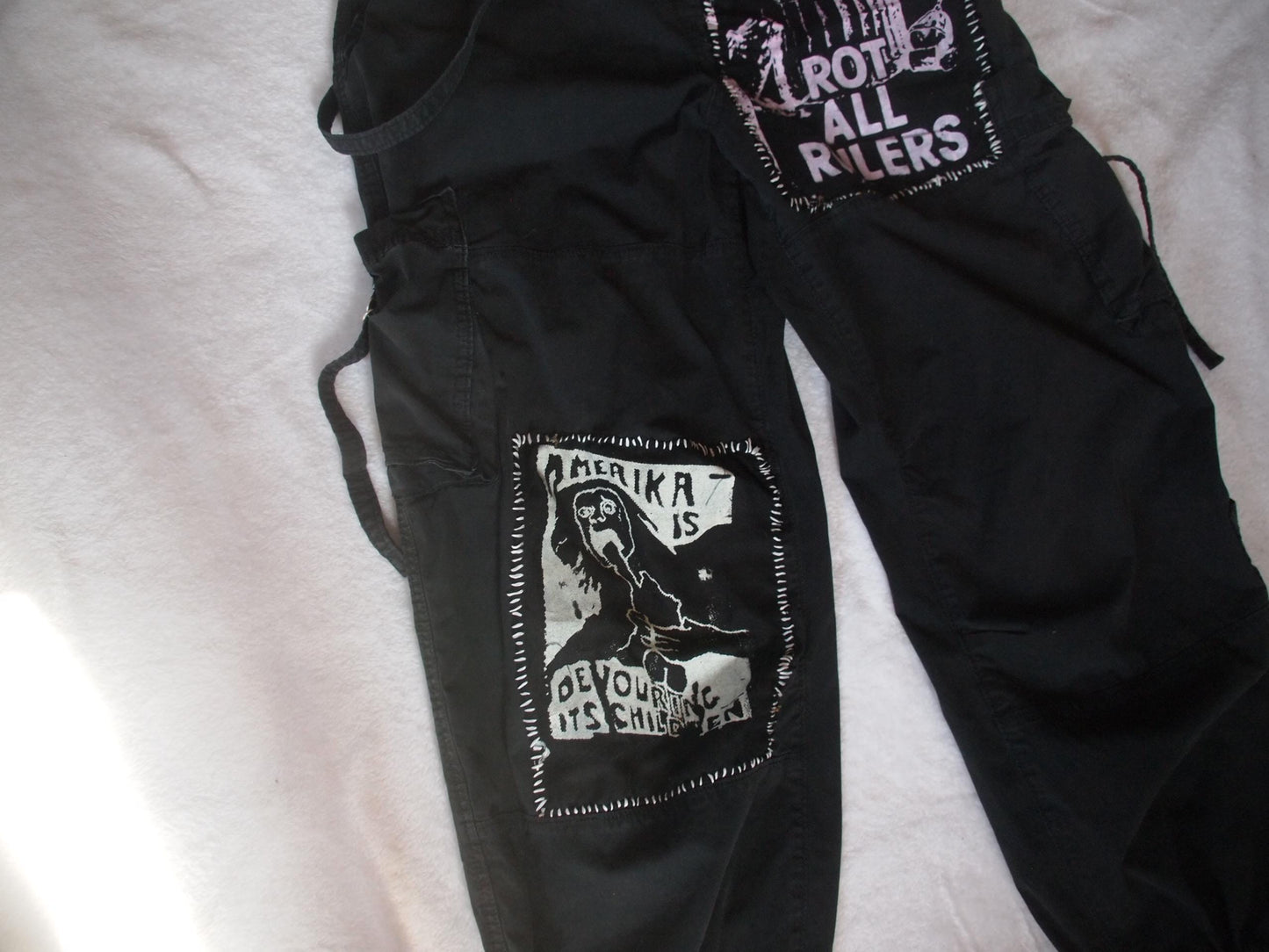 Patched Black Cargo Crust Punk Pants Sz M Bondage Straps - “Rot All Rulers”, “Amerika is Devouring its Children”