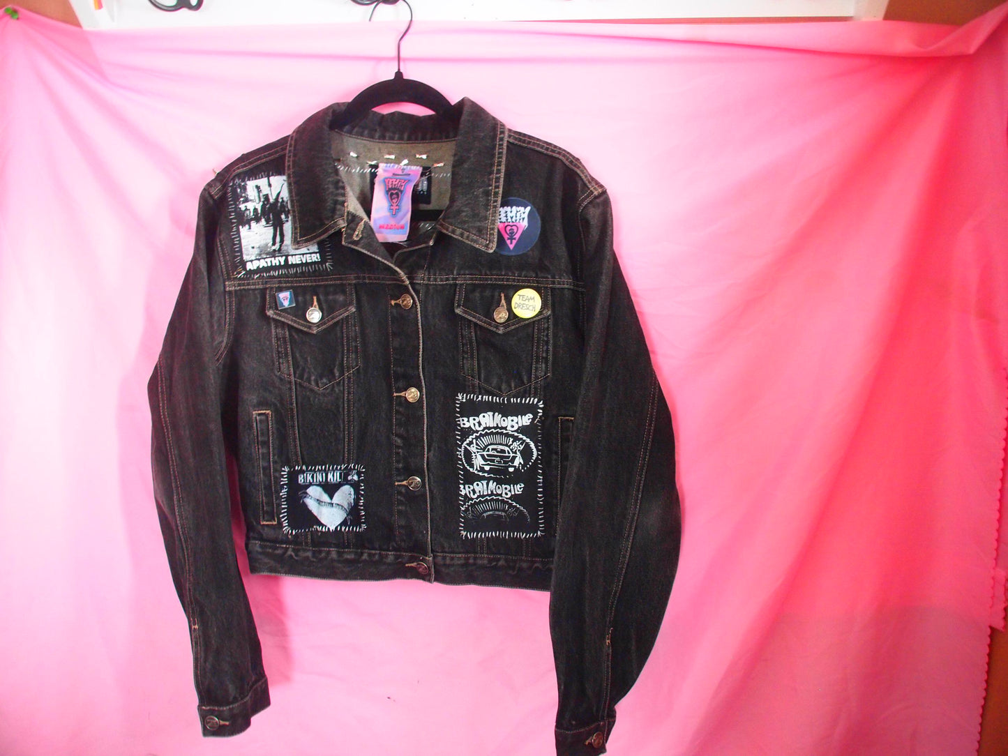 Riot Grrrl Black Patched Studded Denim Jacket Sz M, Lambrini Girls / Destroy Boys, Bikini Kill, Bratmobile