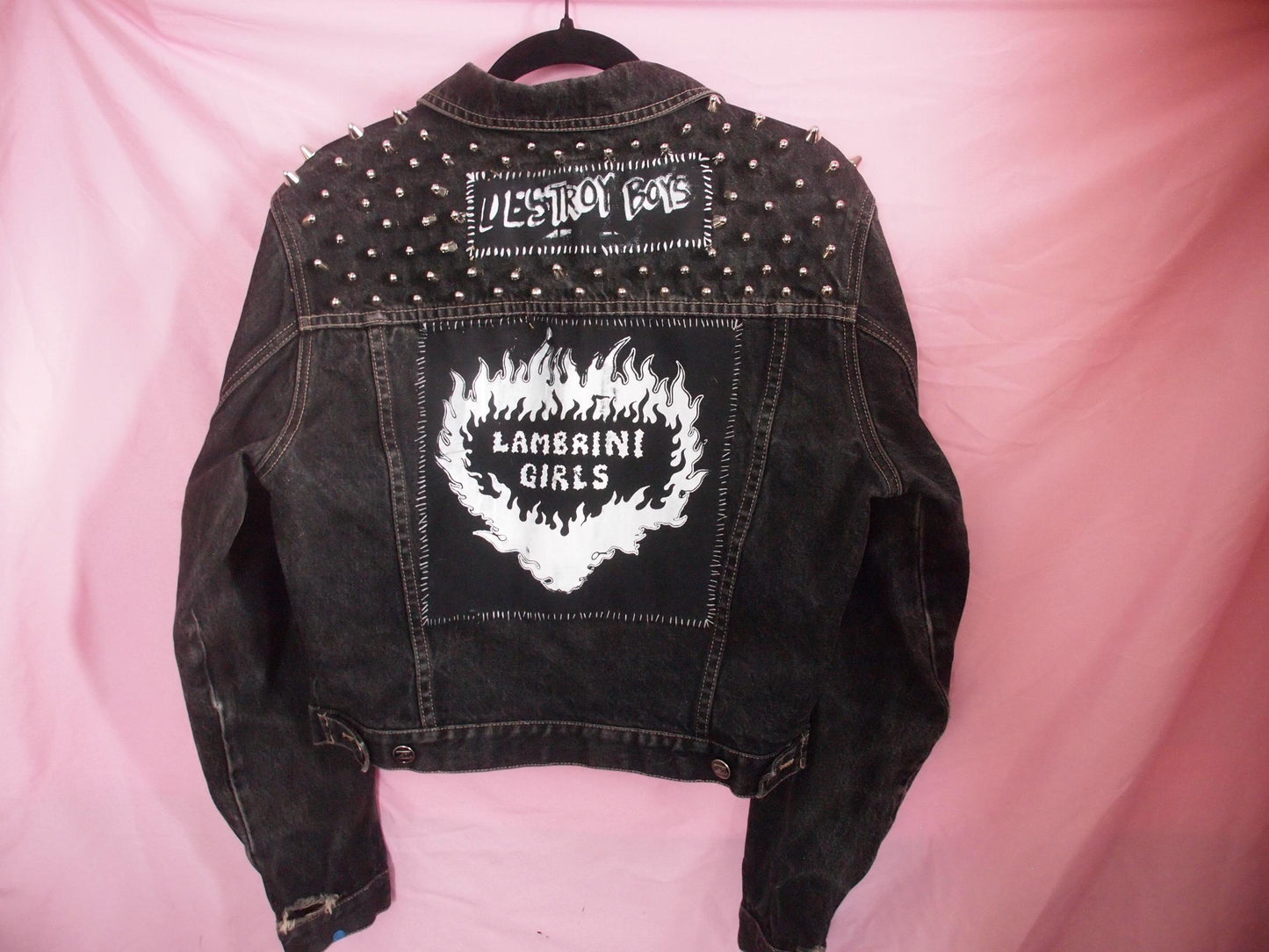 Riot Grrrl Black Patched Studded Denim Jacket Sz M, Lambrini Girls / Destroy Boys, Bikini Kill, Bratmobile