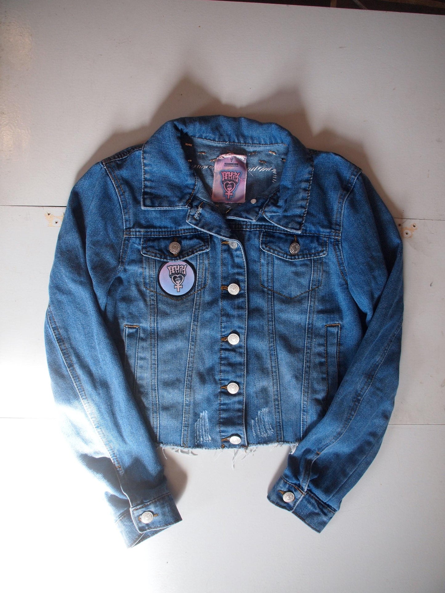 Riot Grrrl Studded Patched Custom Denim Jacket Sz M - Bikini Kill Bratmobile Tank Girl