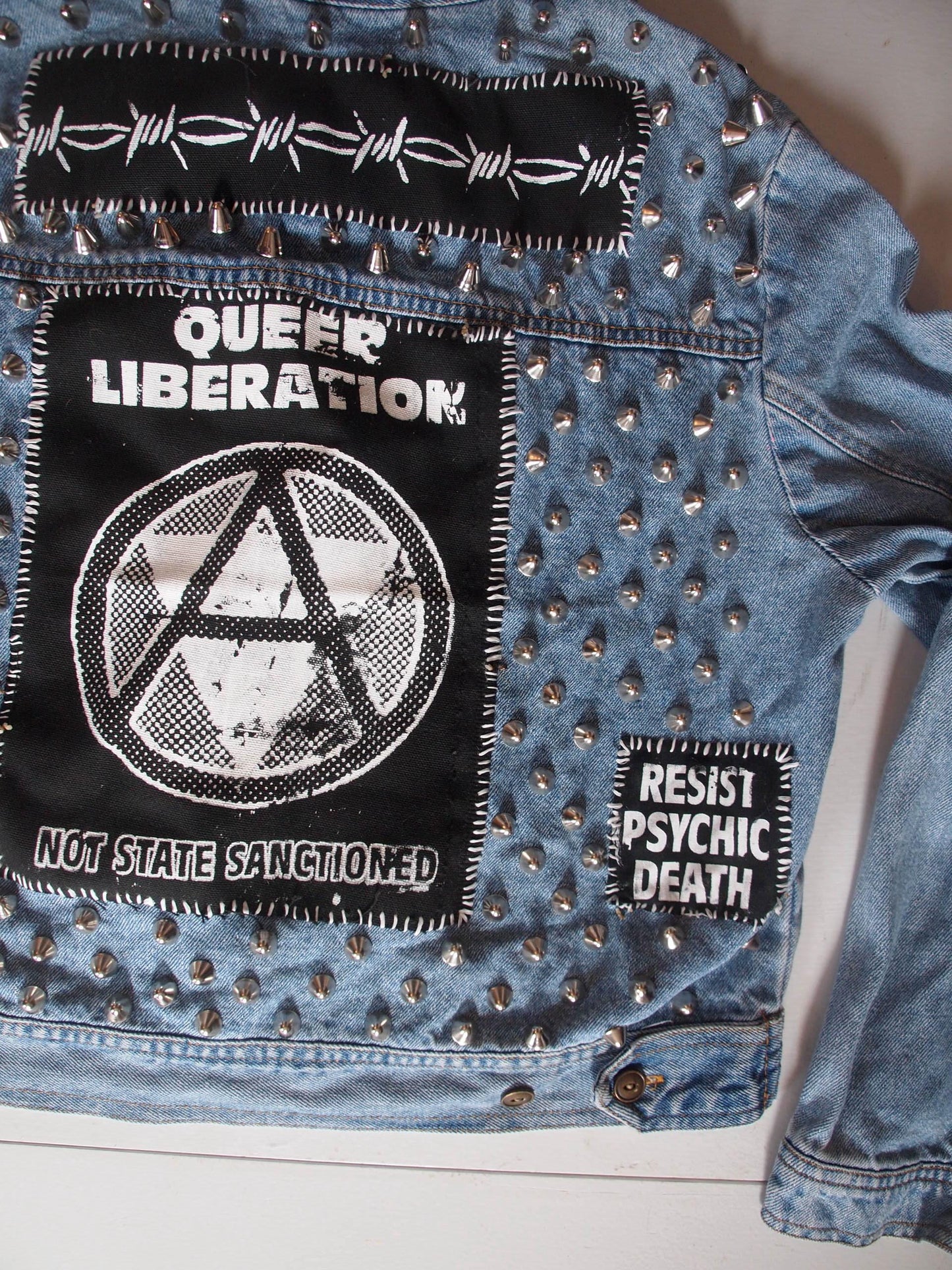 Queer Liberation Studded & Patched Custom Punk Denim Jacket Sz M