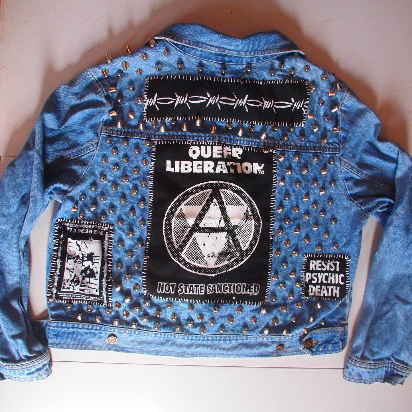 Queer Liberation Studded & Patched Custom Punk Denim Jacket Sz M
