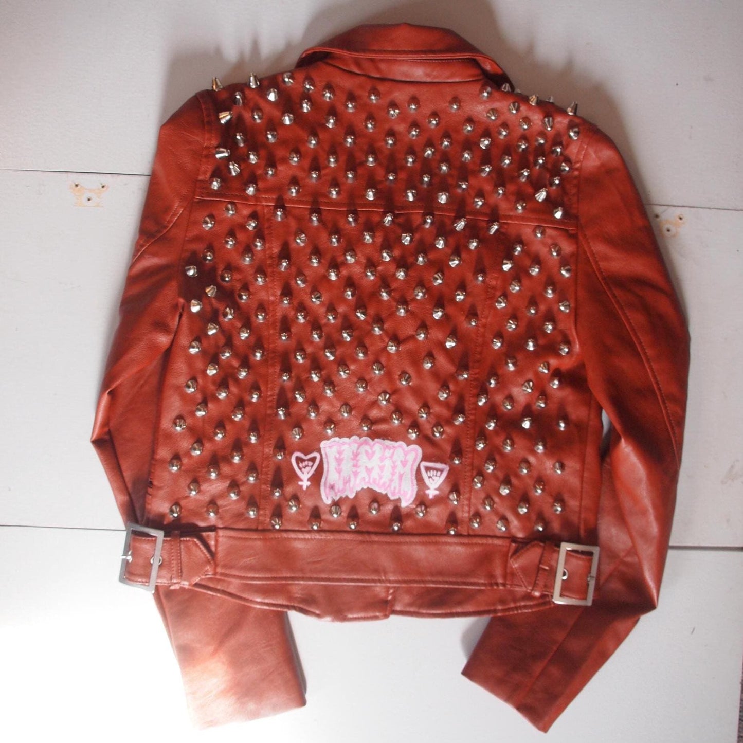 Orange Rust Studded Faux Leather Motorcycle Jacket Sz S Brown Spiked