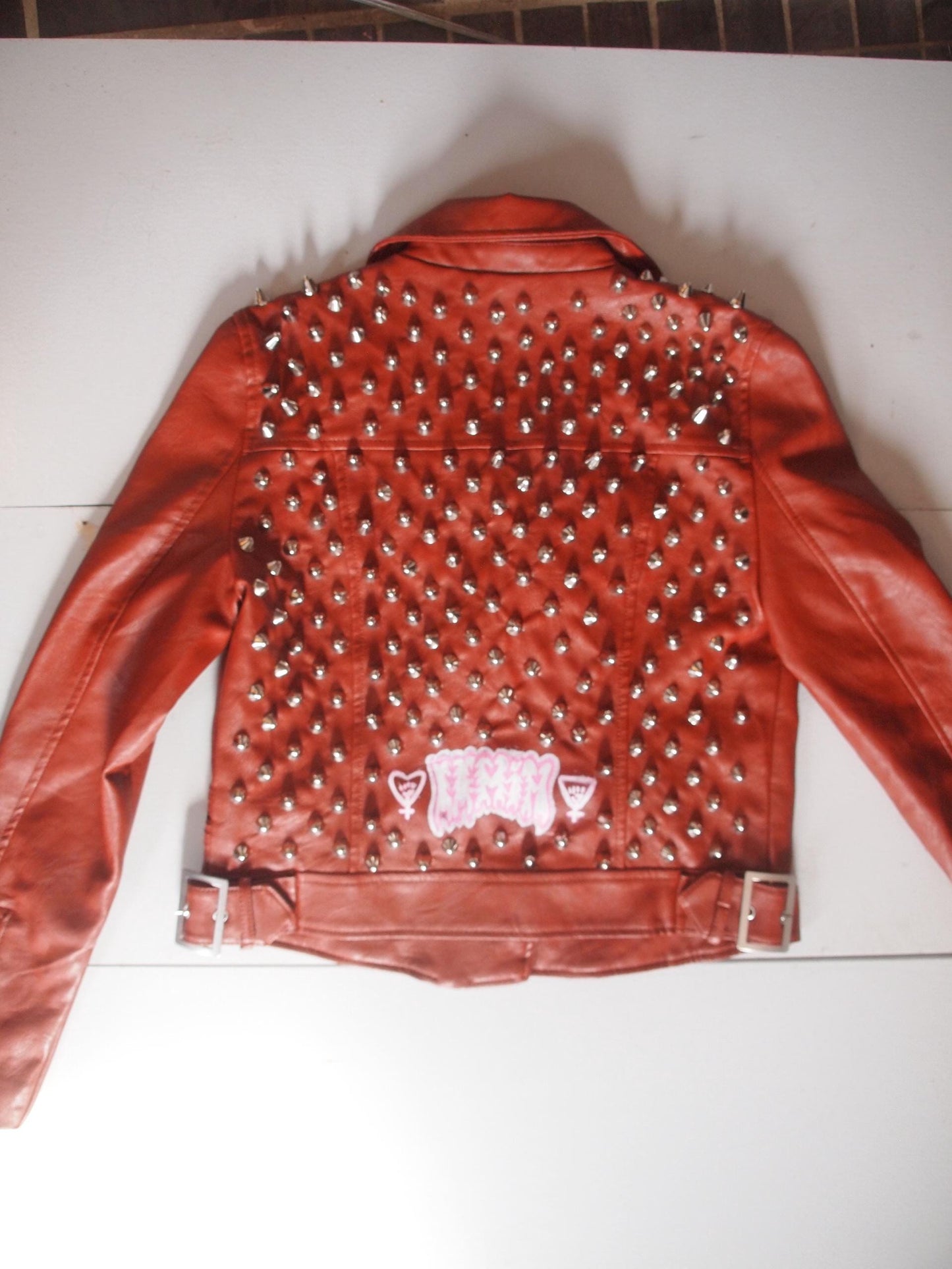 Orange Rust Studded Faux Leather Motorcycle Jacket Sz S Brown Spiked