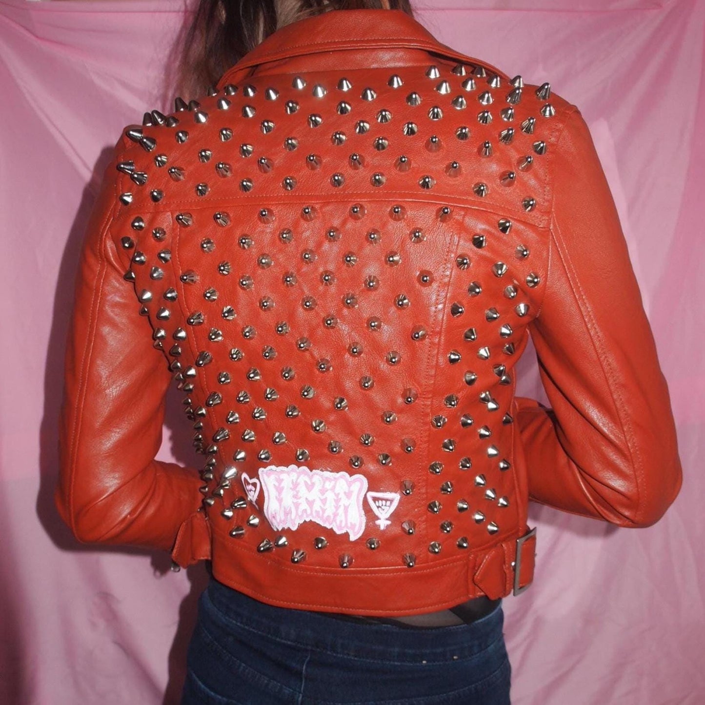 Orange Rust Studded Faux Leather Motorcycle Jacket Sz S Brown Spiked