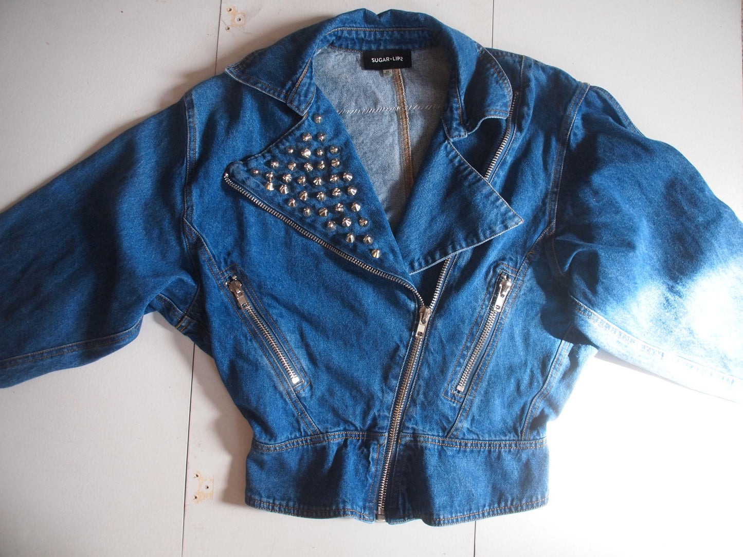 NO BORDERS No NATIONS Pangea Custom Patched Studded Denim Moto Jacket Sz Xs