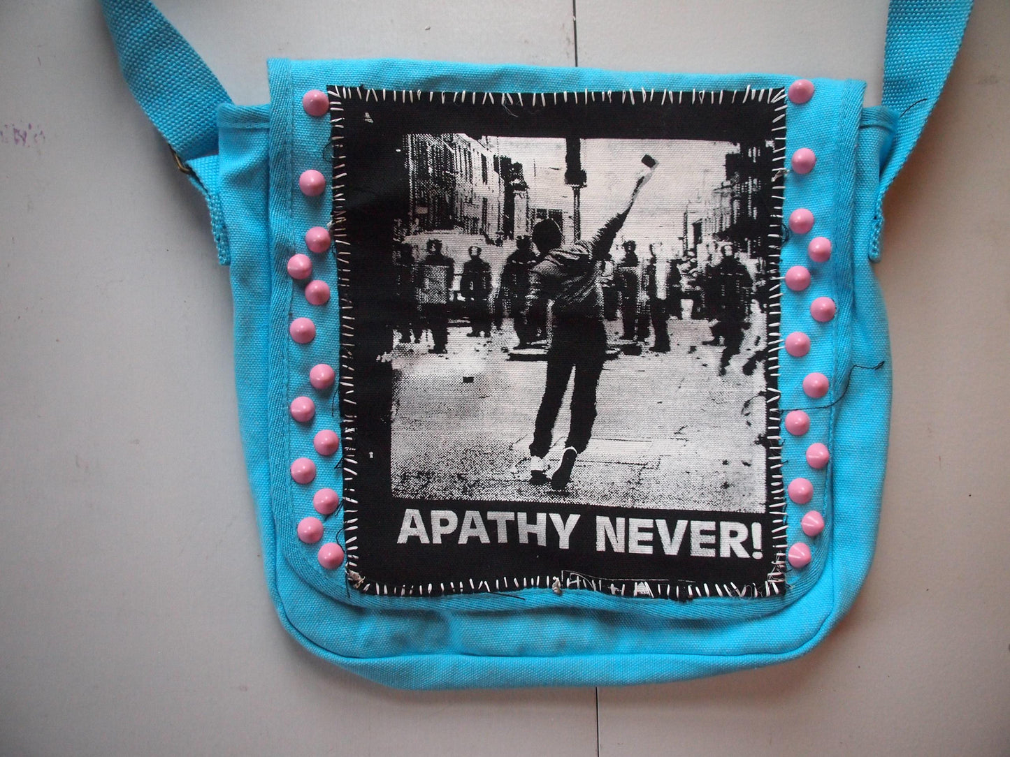 Apathy Never! Studded/Patched Pink & Blue Crossbody Messenger Bag - Spiked Handmade Patchy