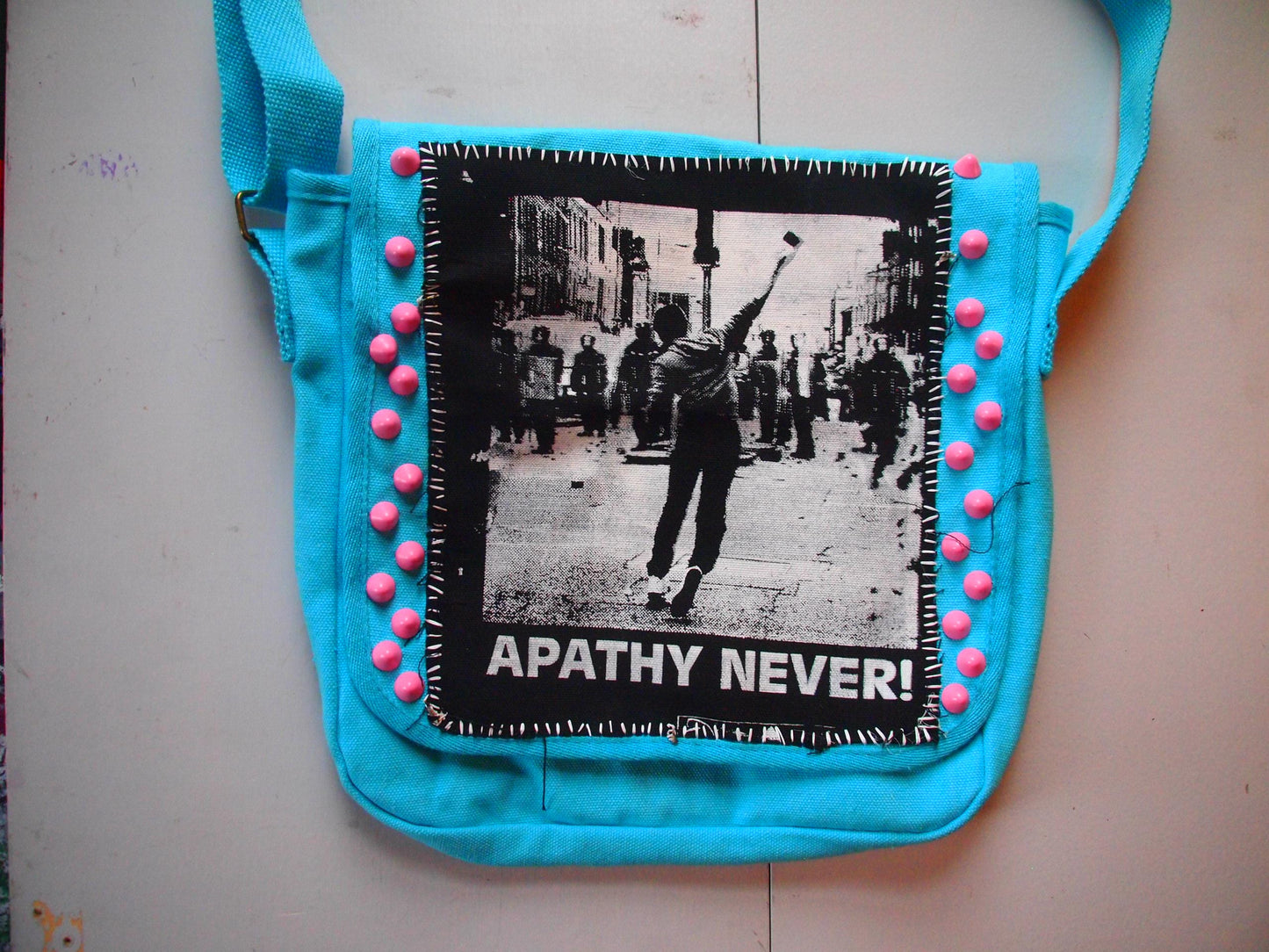 Apathy Never! Studded/Patched Pink & Blue Crossbody Messenger Bag - Spiked Handmade Patchy