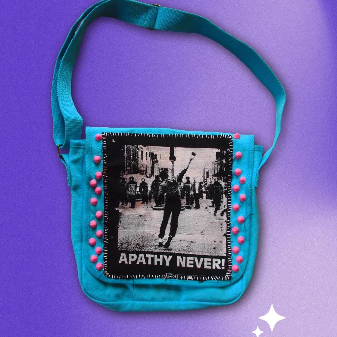 Apathy Never! Studded/Patched Pink & Blue Crossbody Messenger Bag - Spiked Handmade Patchy
