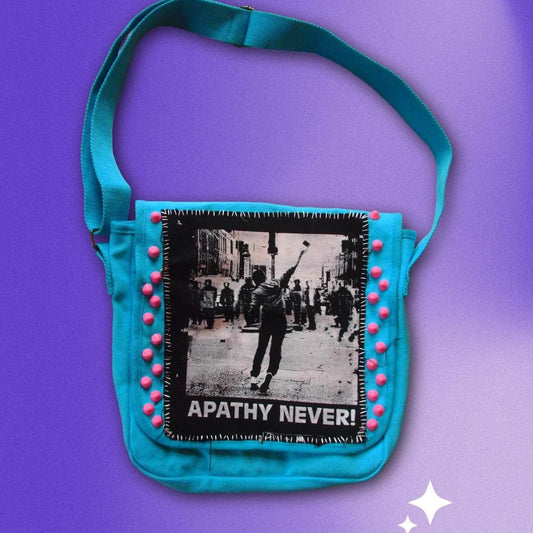 Apathy Never! Studded/Patched Pink & Blue Crossbody Messenger Bag - Spiked Handmade Patchy