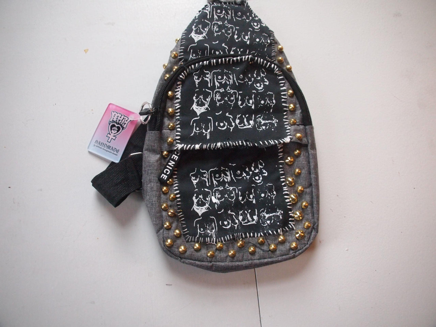 Boobies Patched Studded Crossbody Backpack Bag - Queer Art Breast Illustration Handmade