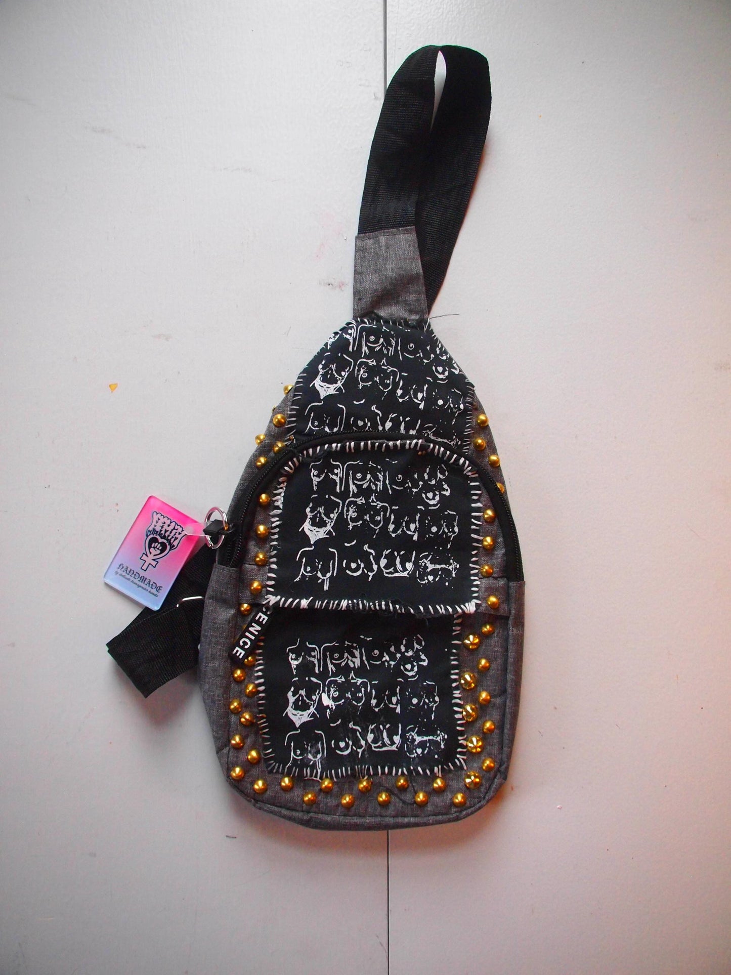 Boobies Patched Studded Crossbody Backpack Bag - Queer Art Breast Illustration Handmade