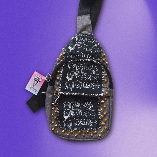 Boobies Patched Studded Crossbody Backpack Bag - Queer Art Breast Illustration Handmade