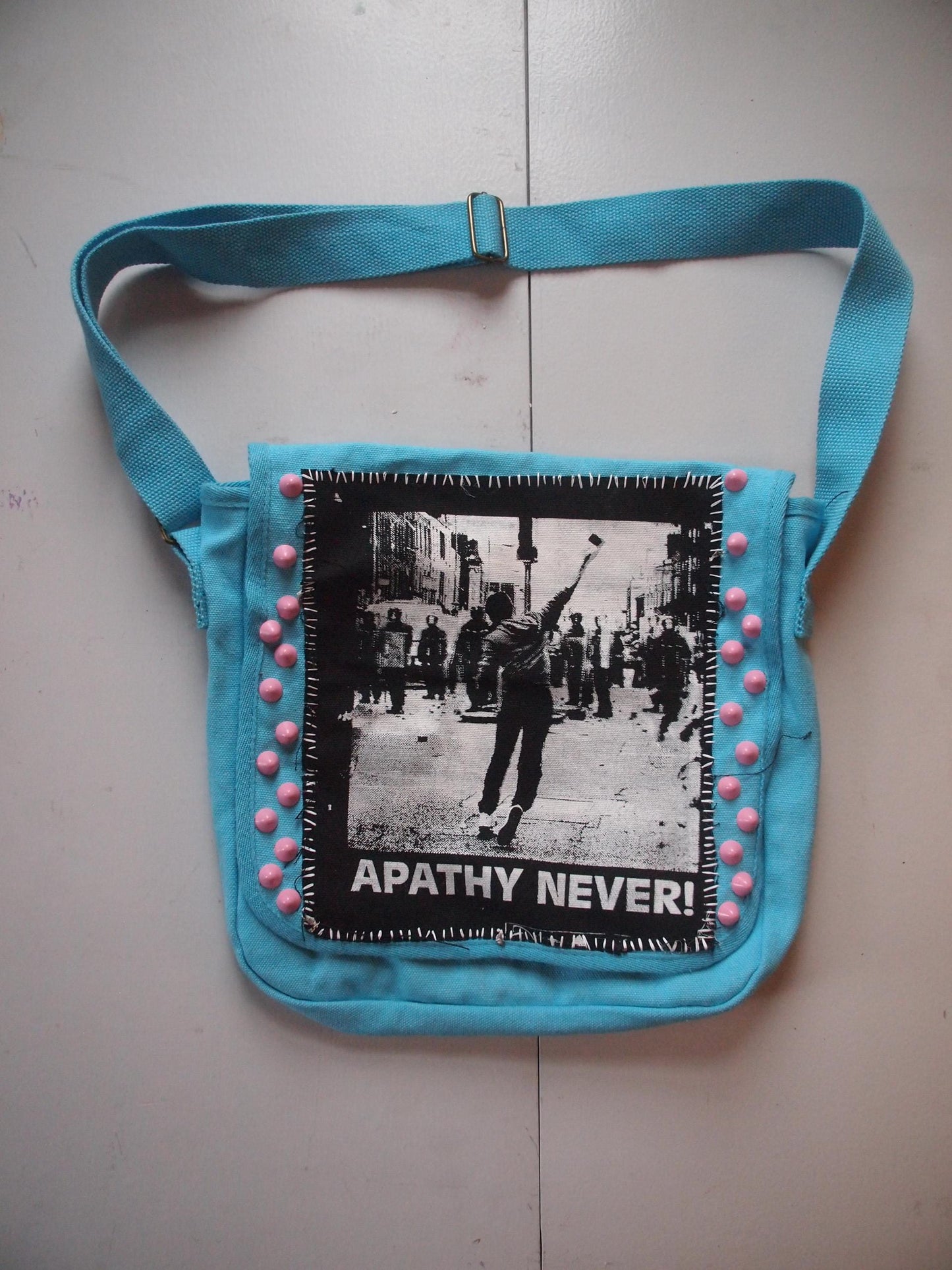 Apathy Never! Studded/Patched Pink & Blue Crossbody Messenger Bag - Spiked Handmade Patchy