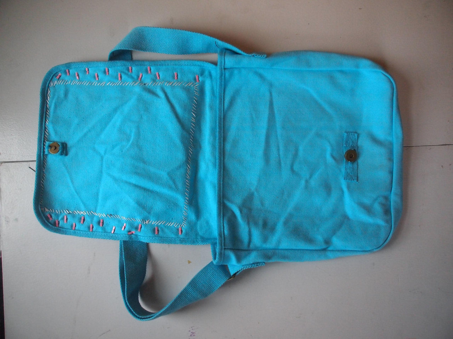 Apathy Never! Studded/Patched Pink & Blue Crossbody Messenger Bag - Spiked Handmade Patchy