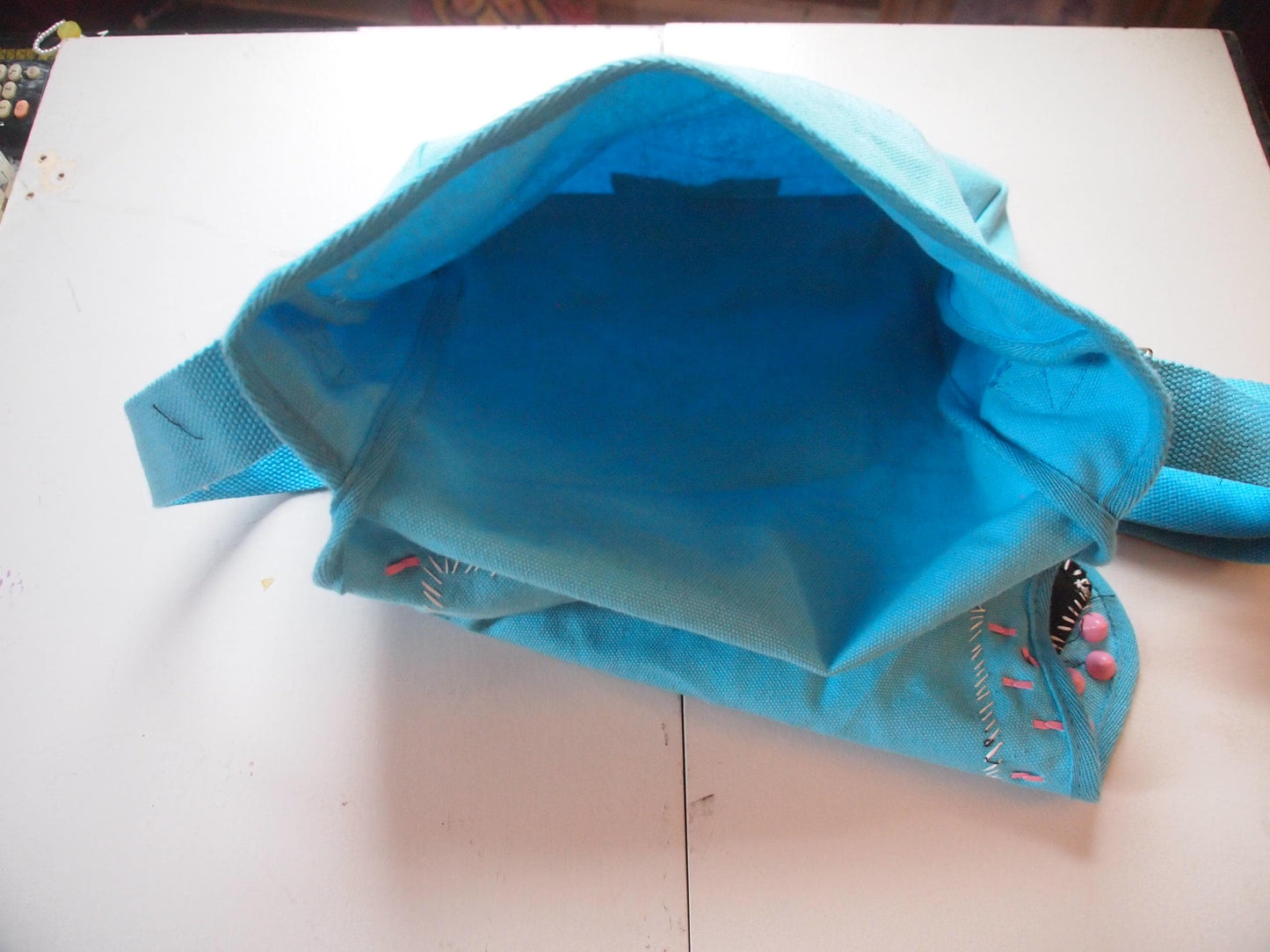 Apathy Never! Studded/Patched Pink & Blue Crossbody Messenger Bag - Spiked Handmade Patchy