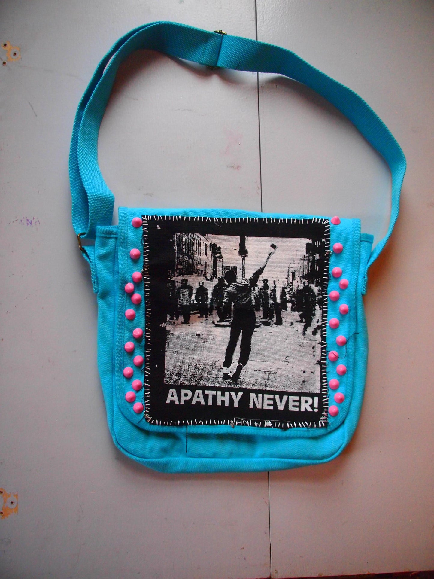 Apathy Never! Studded/Patched Pink & Blue Crossbody Messenger Bag - Spiked Handmade Patchy