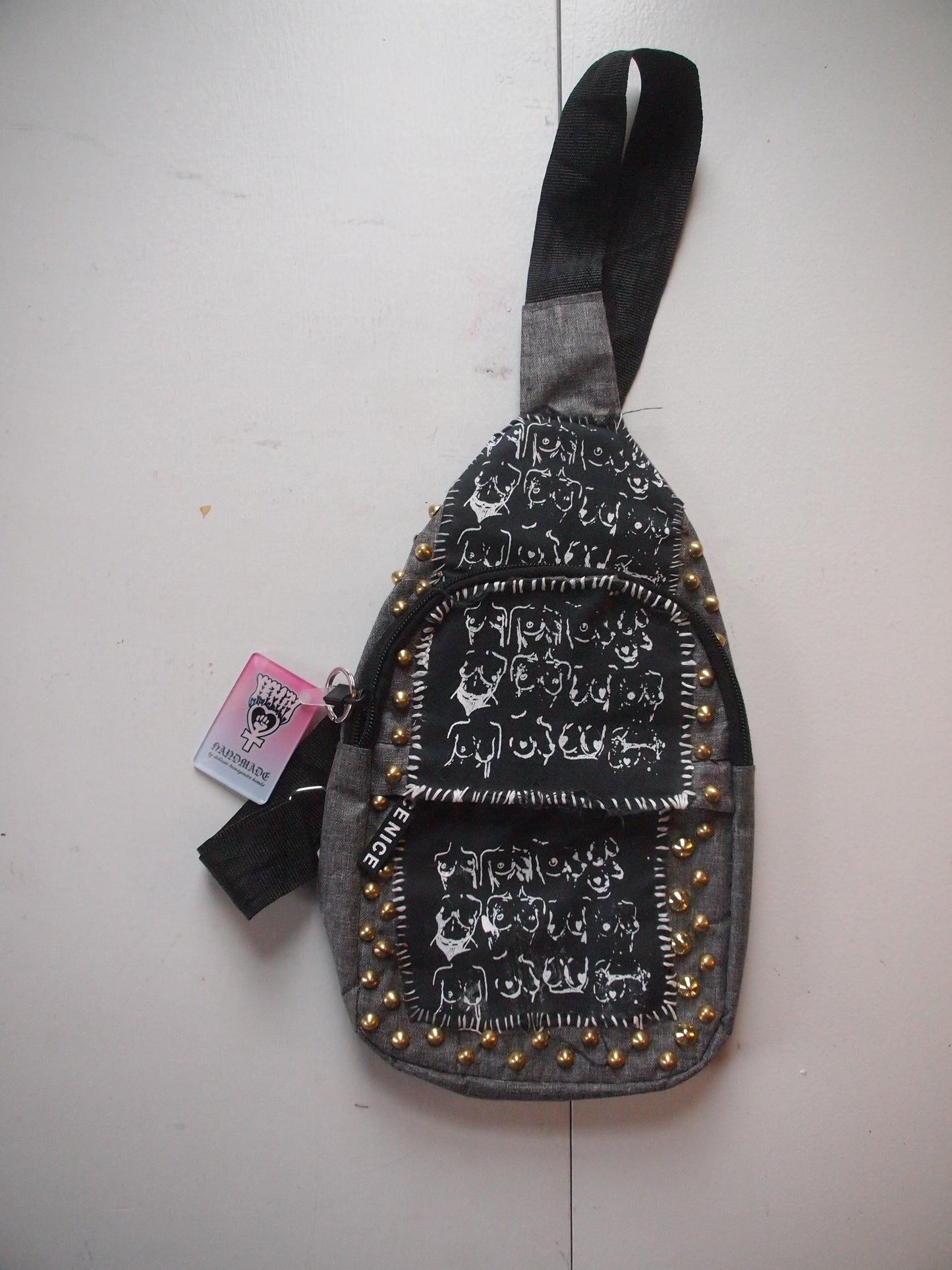 Boobies Patched Studded Crossbody Backpack Bag - Queer Art Breast Illustration Handmade