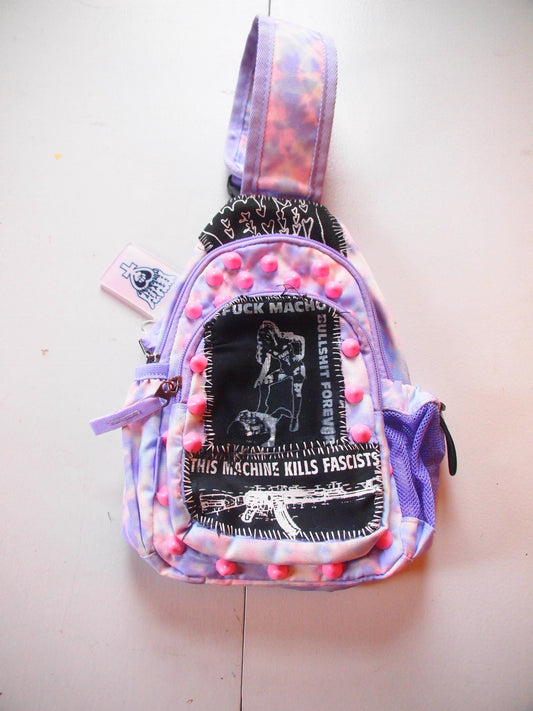 Pastel Pink/Purple Studded Patched Crossbody Backpack Bag - Feminist Anti-Fascist Leftist Anarcho Punk “This Machine Kills Fascists”