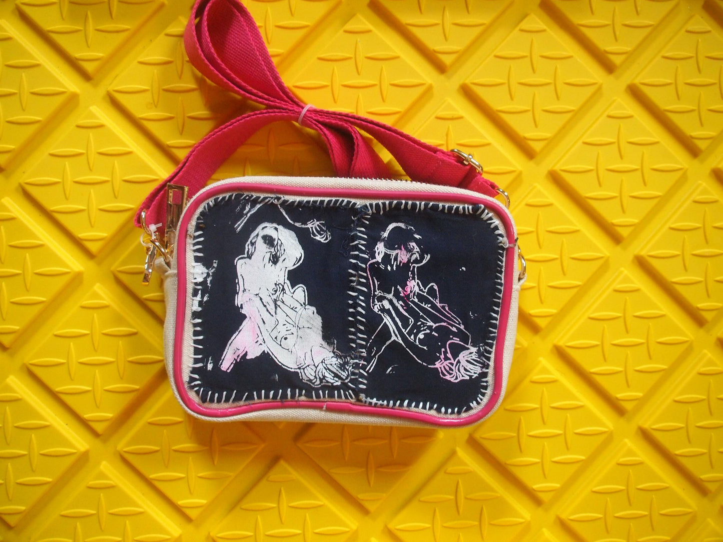 Sapphic Luv Original Illustrations Patched Canvas Crossbody Bag - Handmade Queer Erotica Illustration Patch Lesbian Art