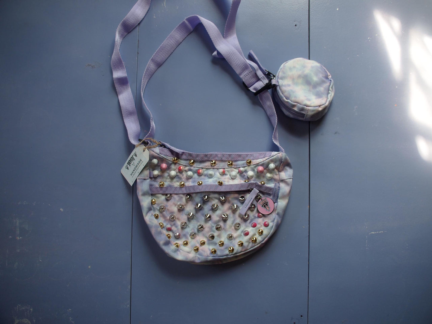 Studded Pastel Purple/Pink Tie Dye Crossbody Purse Bag