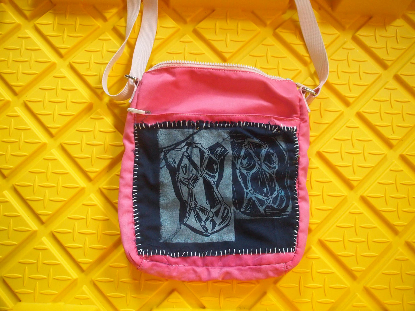 Original Lady Body Harness Patched Pink Crossbody Bag - Lino Artwork Queer Art Handmade