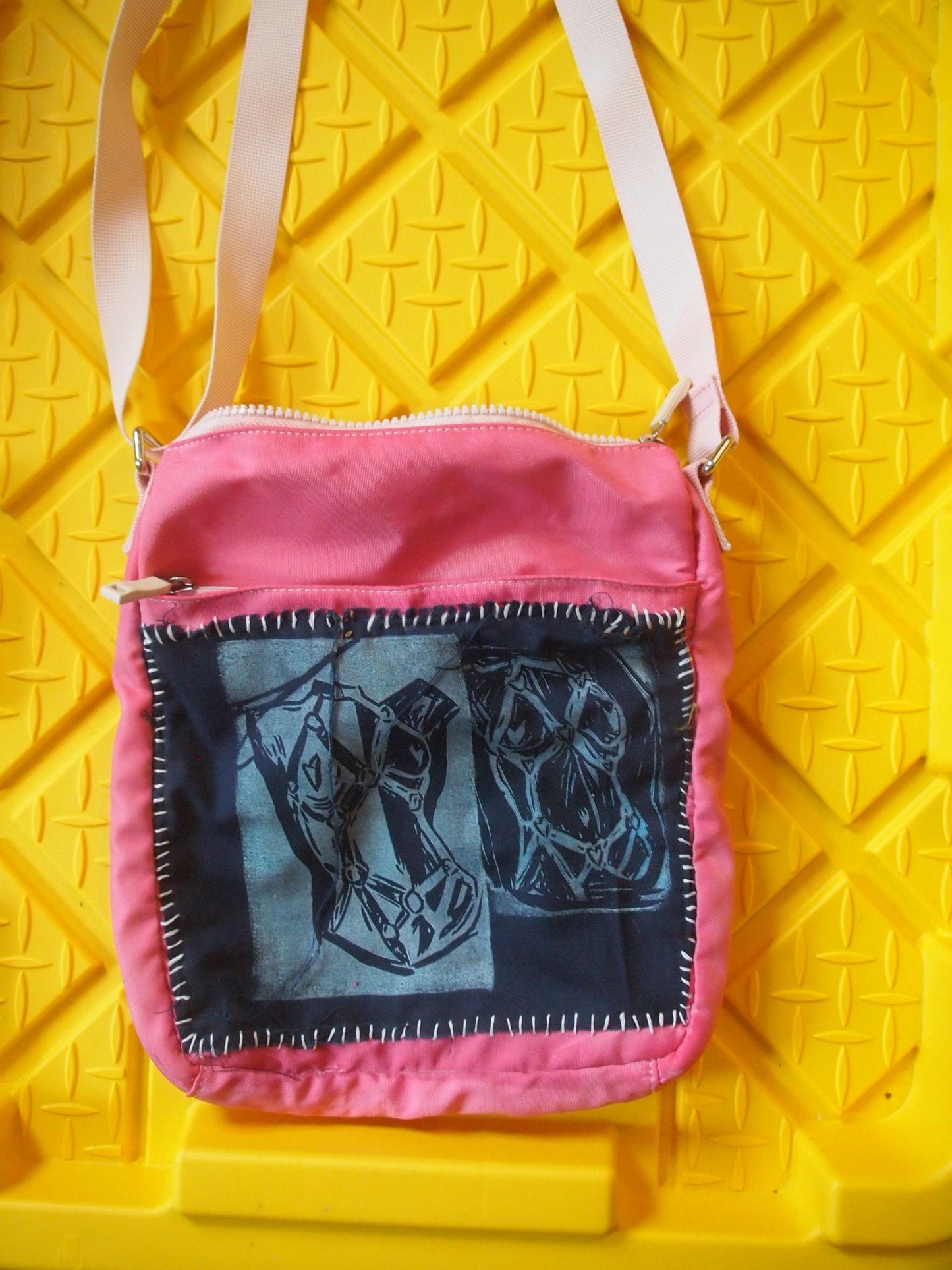 Original Lady Body Harness Patched Pink Crossbody Bag - Lino Artwork Queer Art Handmade