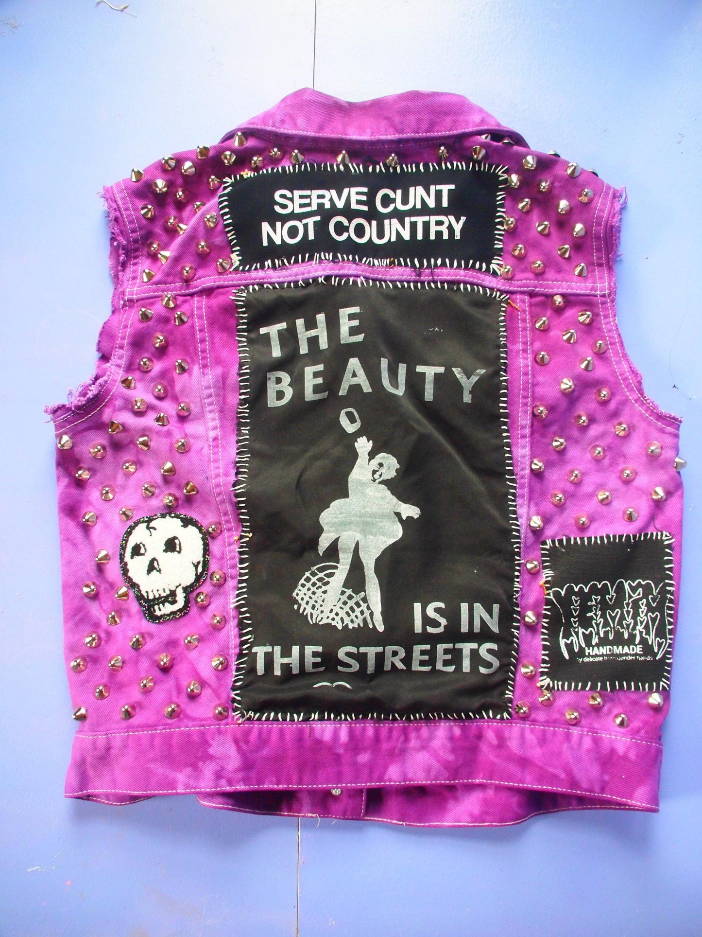 Purple “The Beauty is in The Streets” Studded Patched Custom Punk Denim Vest Sz Small