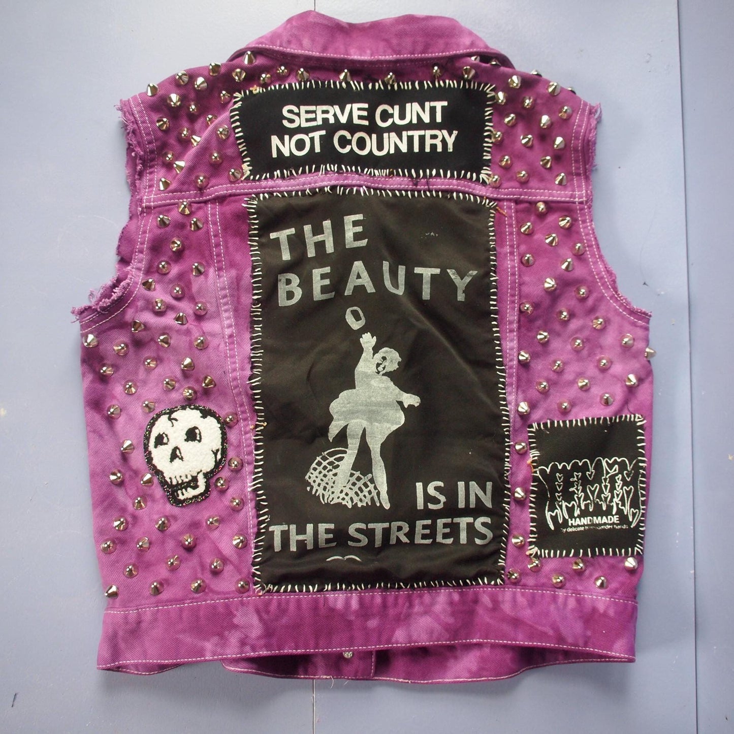 Purple “The Beauty is in The Streets” Studded Patched Custom Punk Denim Vest Sz Small