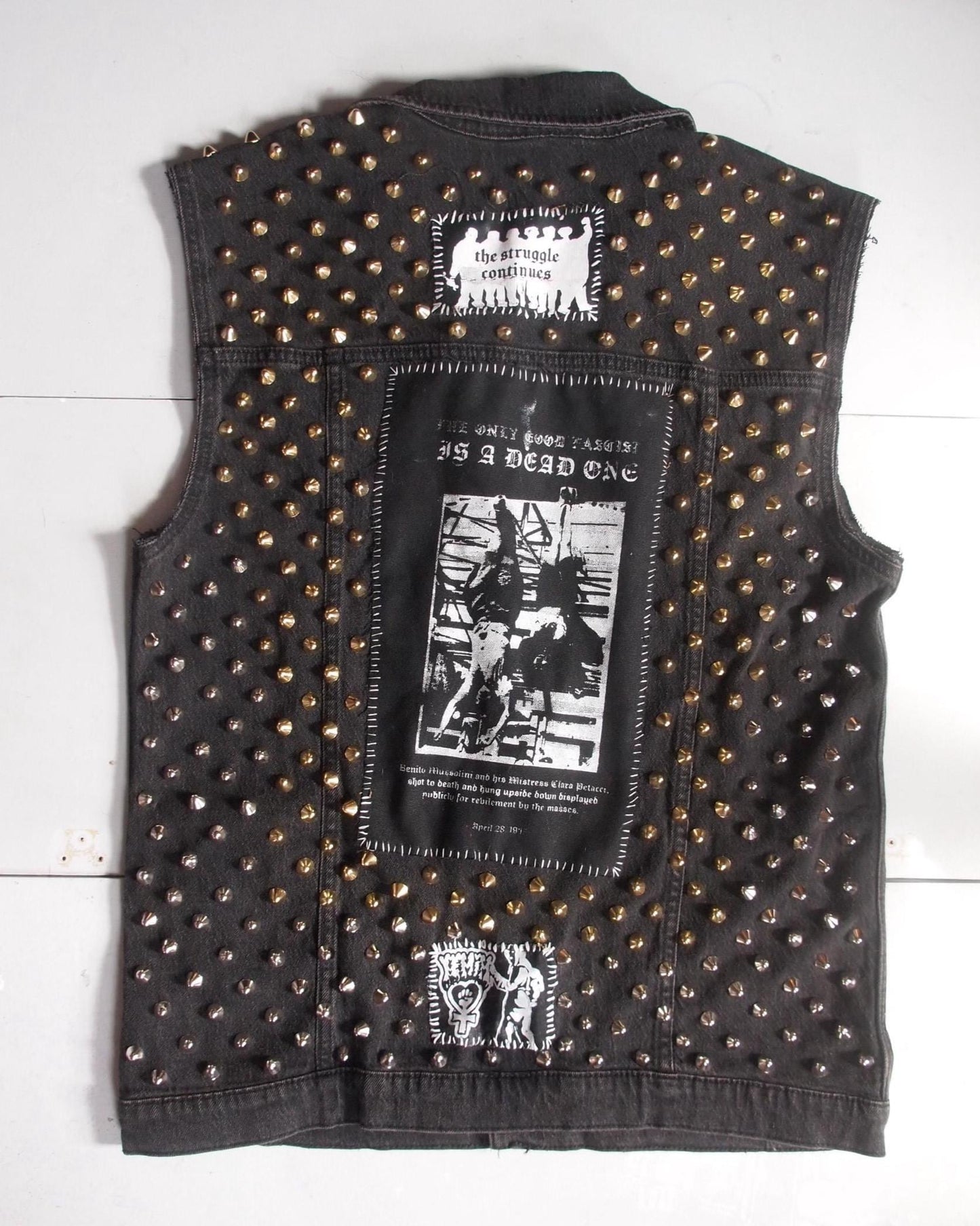 Black Studded Anti Fascist Denim Vest Sz XL Gold Studs Anarcho Punk