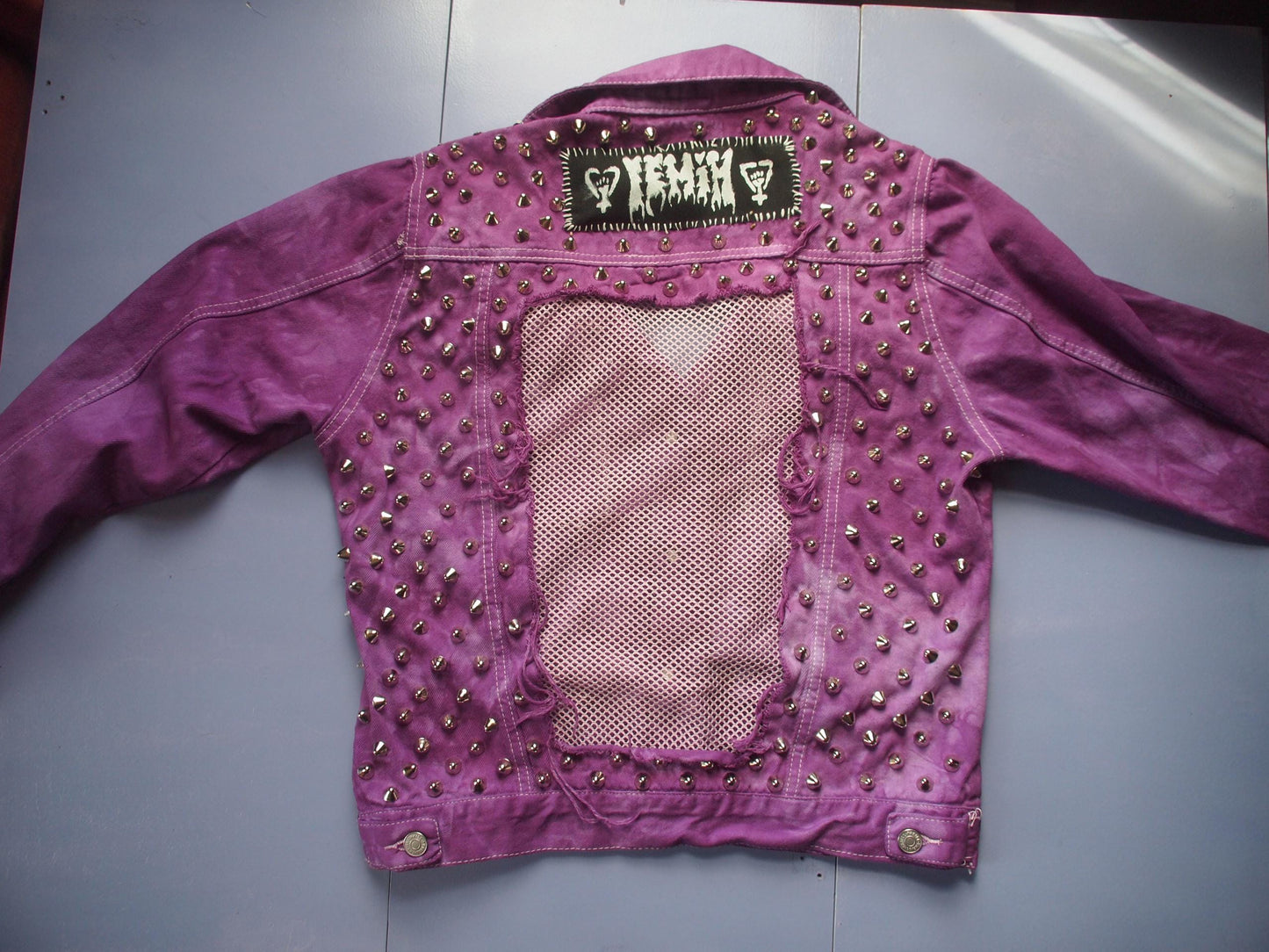 Studded Purple Acid Wash Tie Dye Mesh Denim Jacket Sz XL