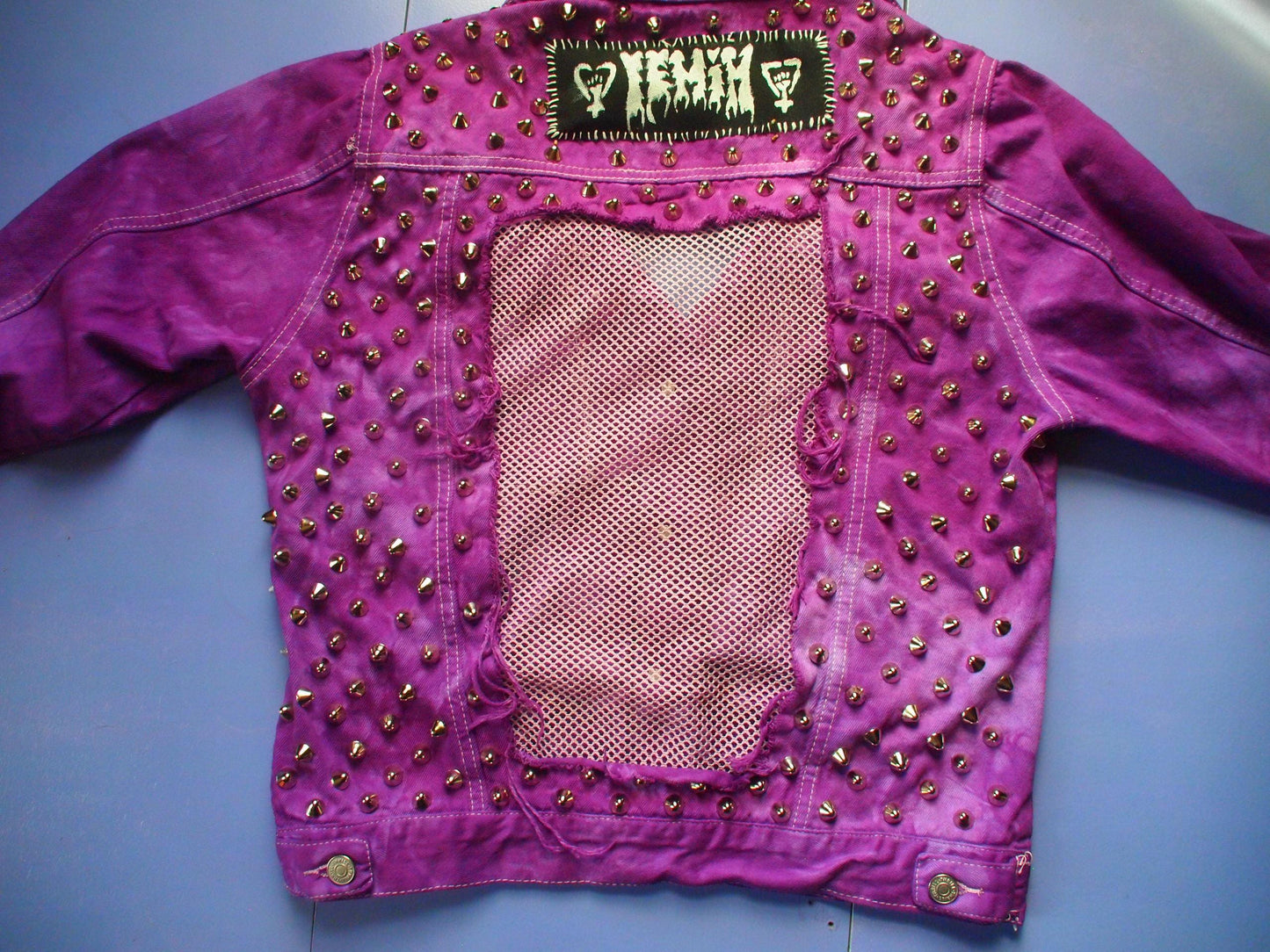 Studded Purple Acid Wash Tie Dye Mesh Denim Jacket Sz XL