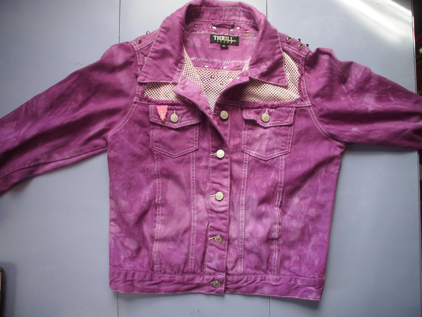 Studded Purple Acid Wash Tie Dye Mesh Denim Jacket Sz XL