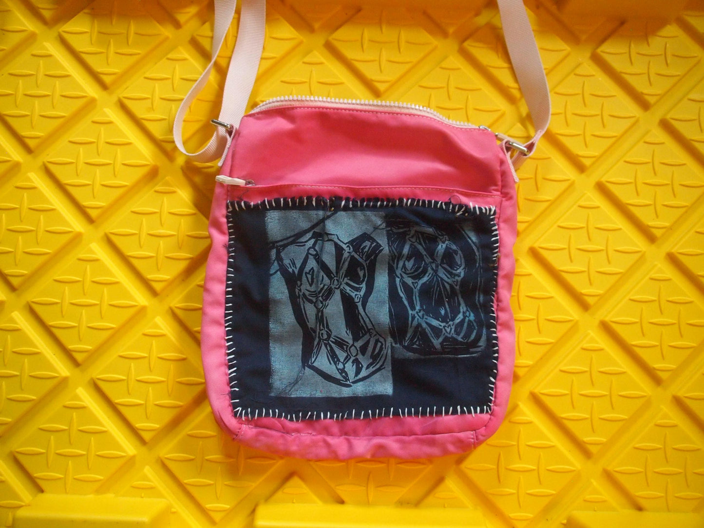 Original Lady Body Harness Patched Pink Crossbody Bag - Lino Artwork Queer Art Handmade