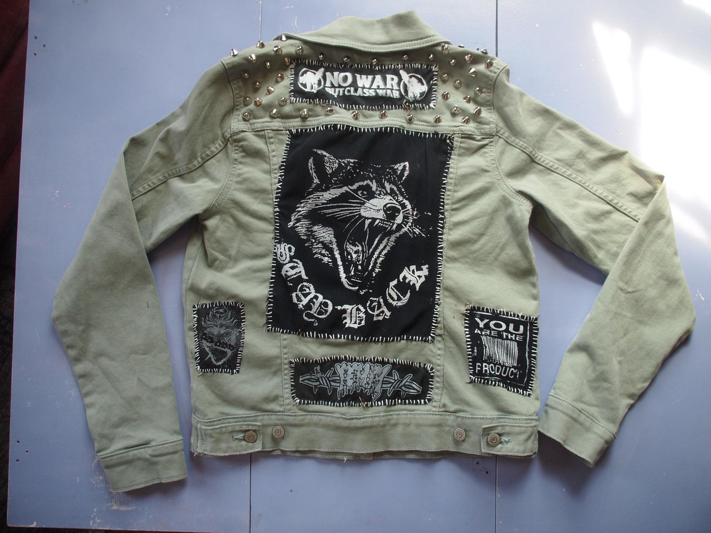 Light Green Patched Studded Denim Jacket - Raccoon Back Patch Class War Leftist Anarcho Punk Handmade