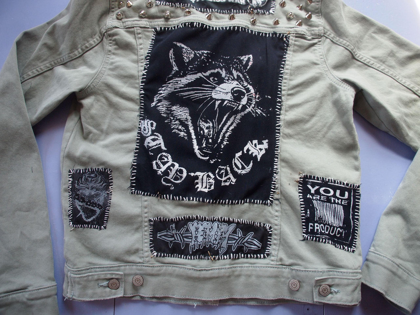 Light Green Patched Studded Denim Jacket - Raccoon Back Patch Class War Leftist Anarcho Punk Handmade