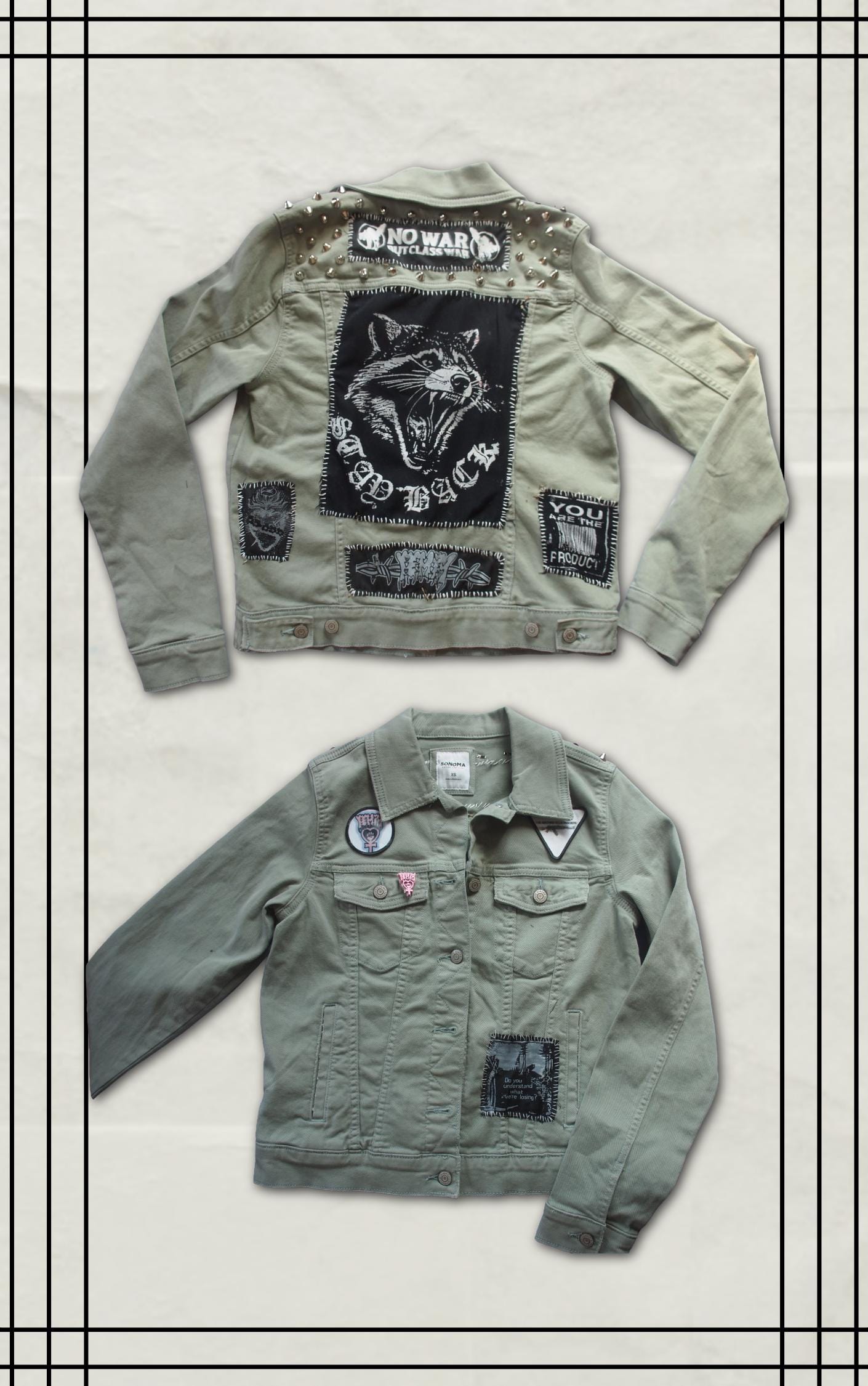 Light Green Patched Studded Denim Jacket - Raccoon Back Patch Class War Leftist Anarcho Punk Handmade